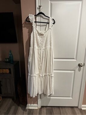 Anthropologie White Smocked Sundress with Ruffle Trim
